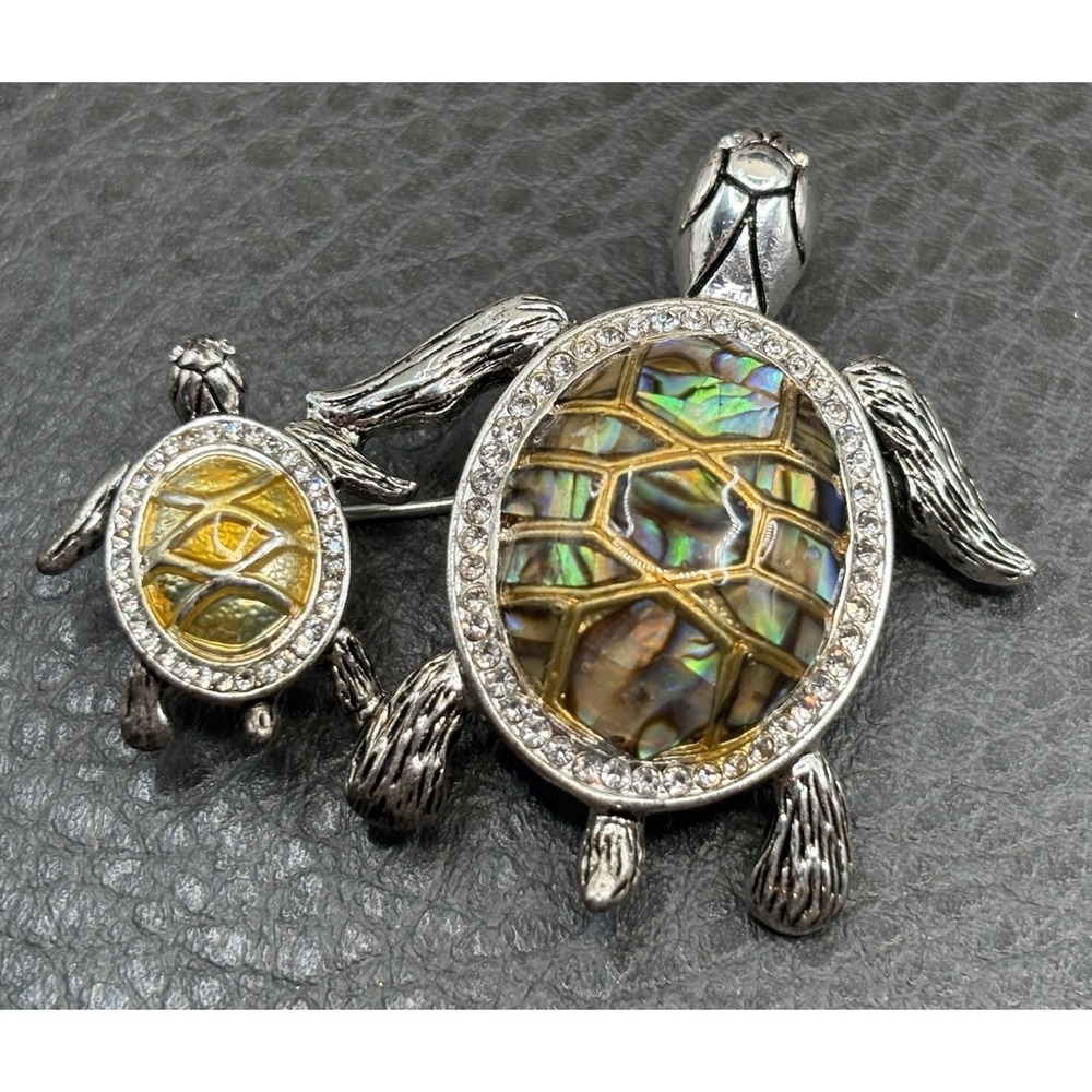 VTG Napier Mother Baby Sea Turtle Brooch Abalone Shell Rhinestone Silver Tone